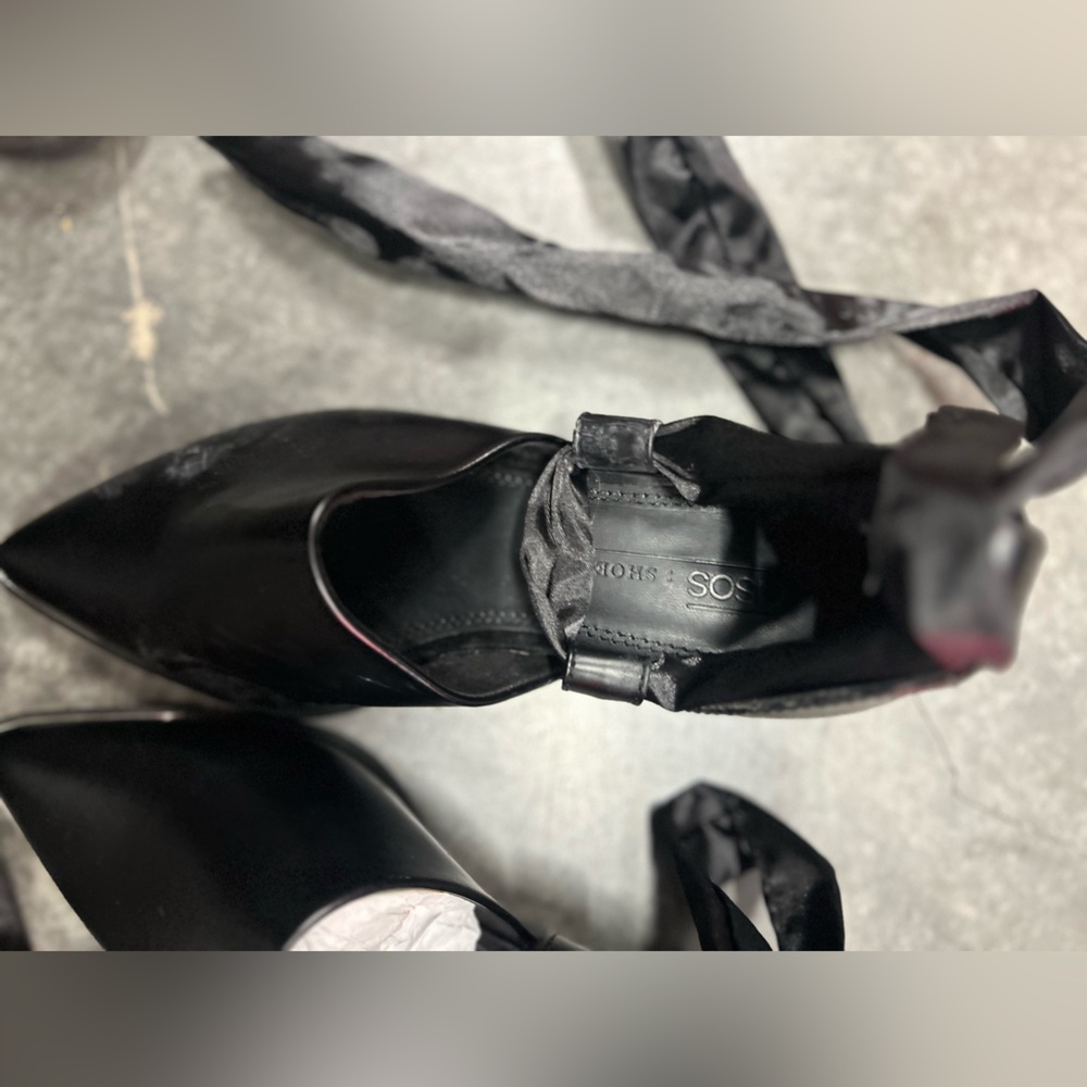ASOS SZ 4 USA black leather wedge heel shoes goth witchy
 ribbon lace up quality - Picture 3 of 5